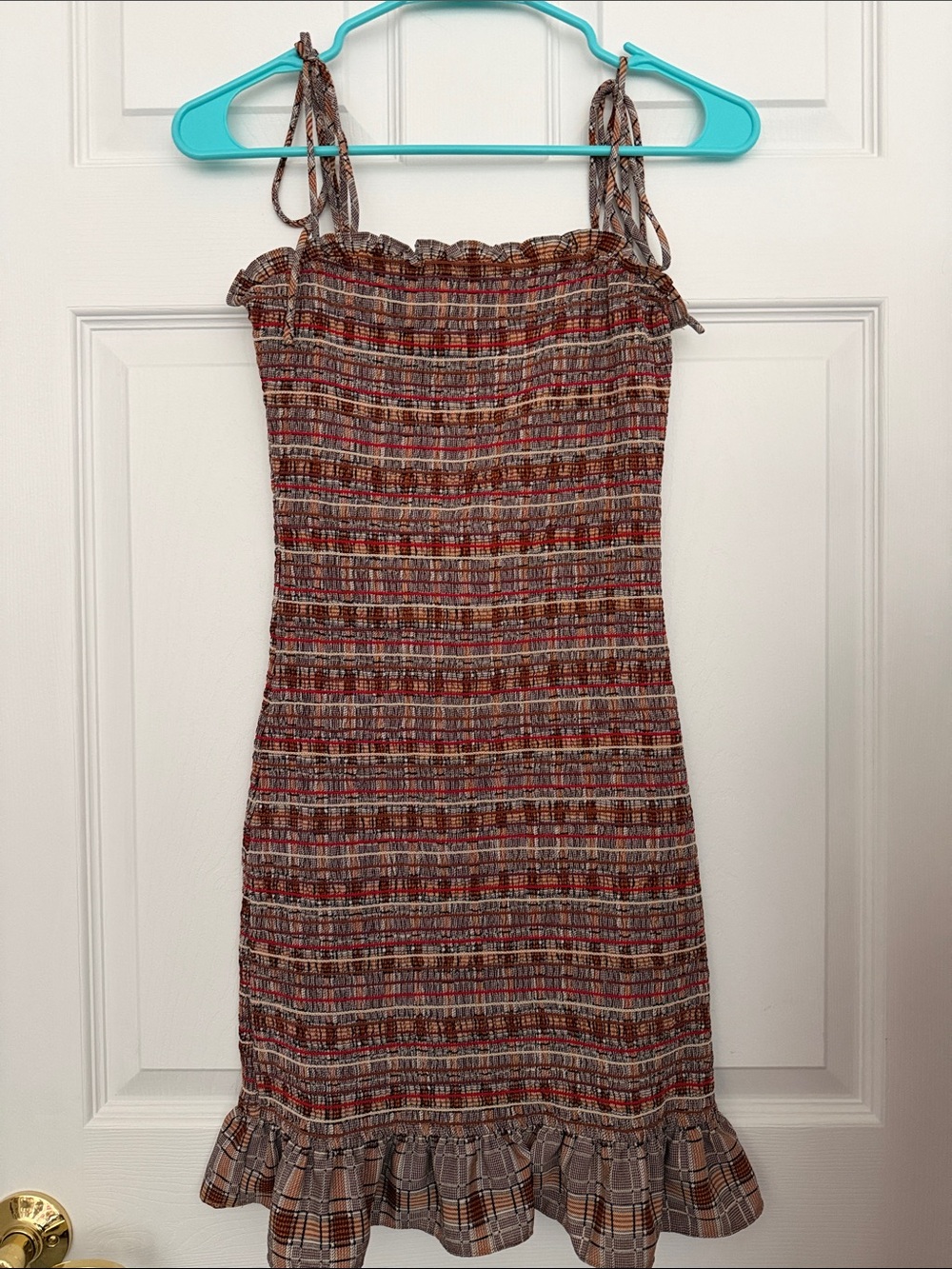 Storia Multi Brown Plaid Smocked Mini Dress with Ruffle Hem